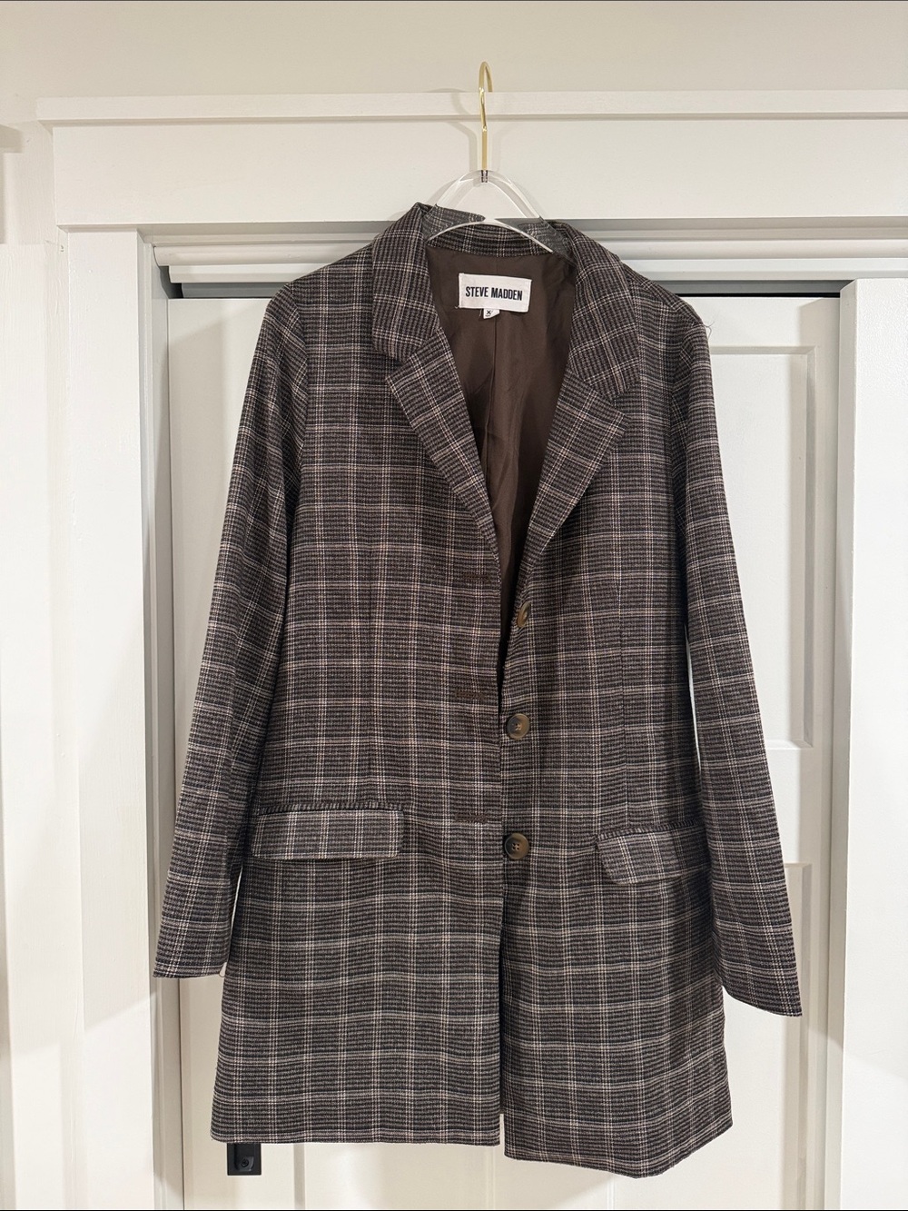 Steve Madden Brown & Gray Plaid Single-Breasted Blazer